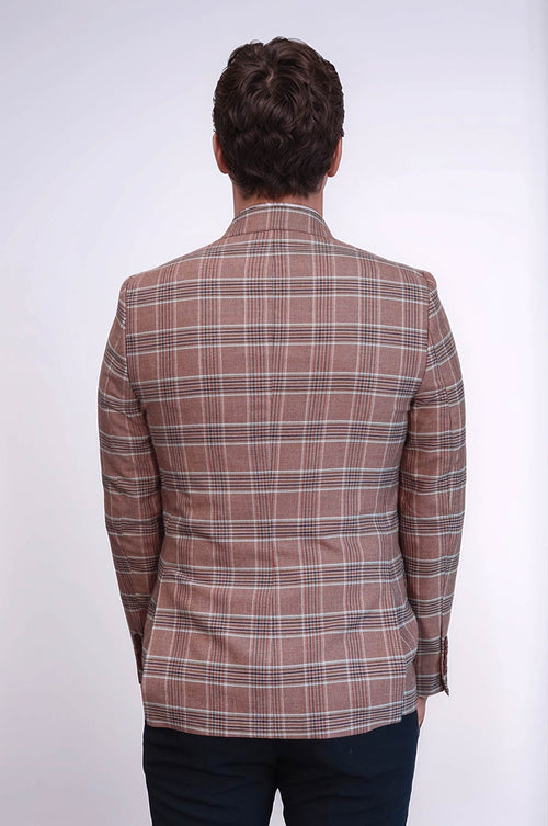 Checked Single Button Burgundy Men Blazer - Wessi