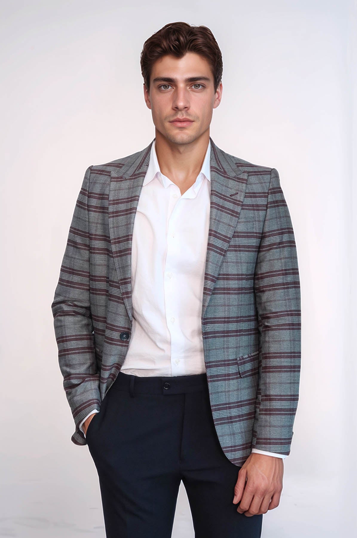 Slim-Fit Checked Burgundy Men Blazer - Wessi