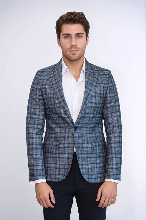 Checked Slim-Fit Single Button Navy Blue Men Blazer - Wessi