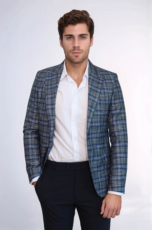 Checked Slim-Fit Single Button Navy Blue Men Blazer - Wessi