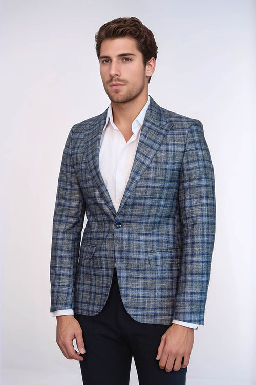 Checked Slim-Fit Single Button Navy Blue Men Blazer - Wessi