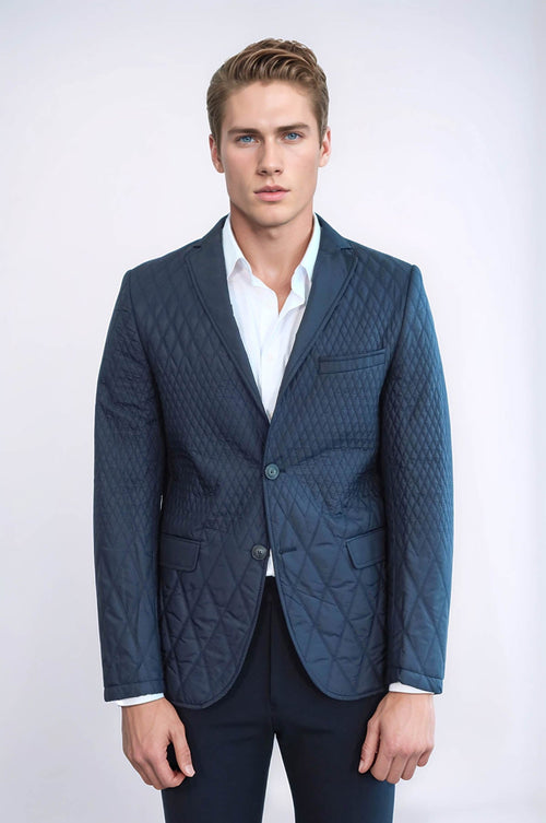Slim Fit Navy Blue Quilted Blazer - Wessi