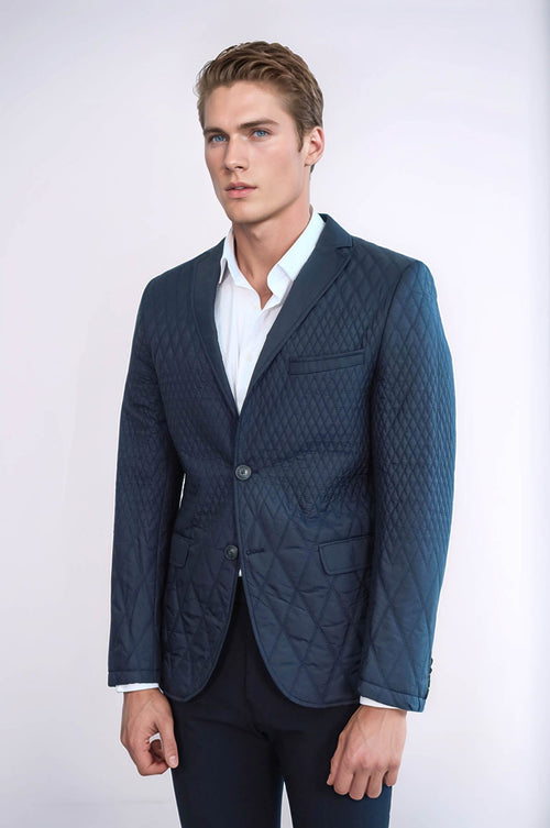 Slim Fit Navy Blue Quilted Blazer - Wessi