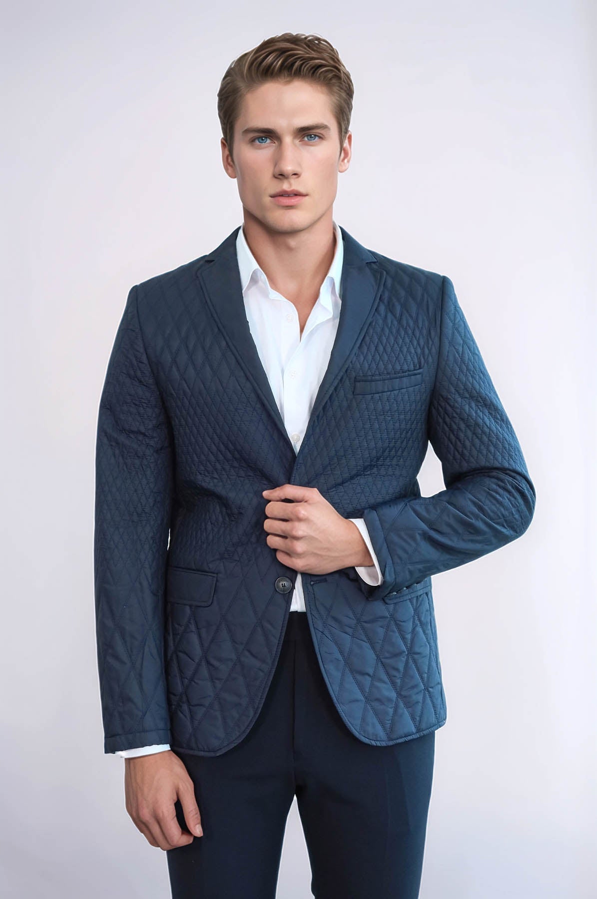 Slim Fit Navy Blue Quilted Blazer - Wessi