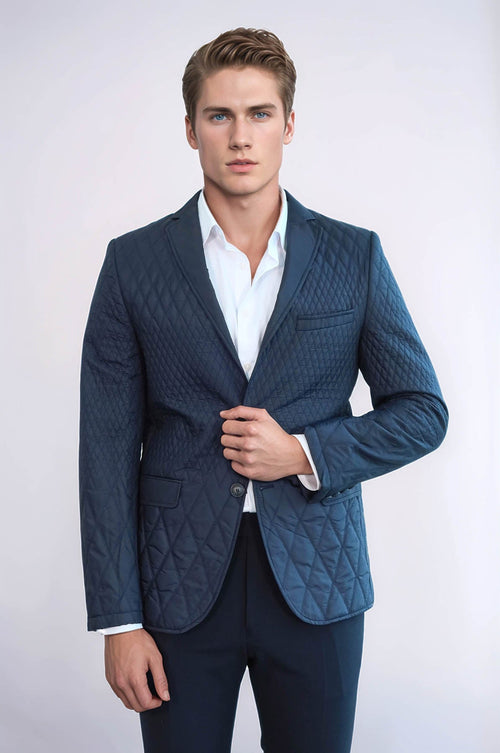Slim Fit Navy Blue Quilted Blazer - Wessi
