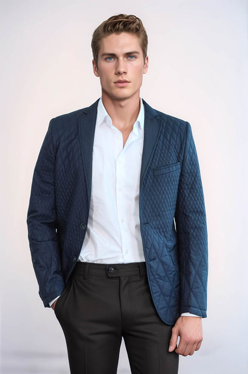 Slim Fit Navy Blue Quilted Blazer - Wessi