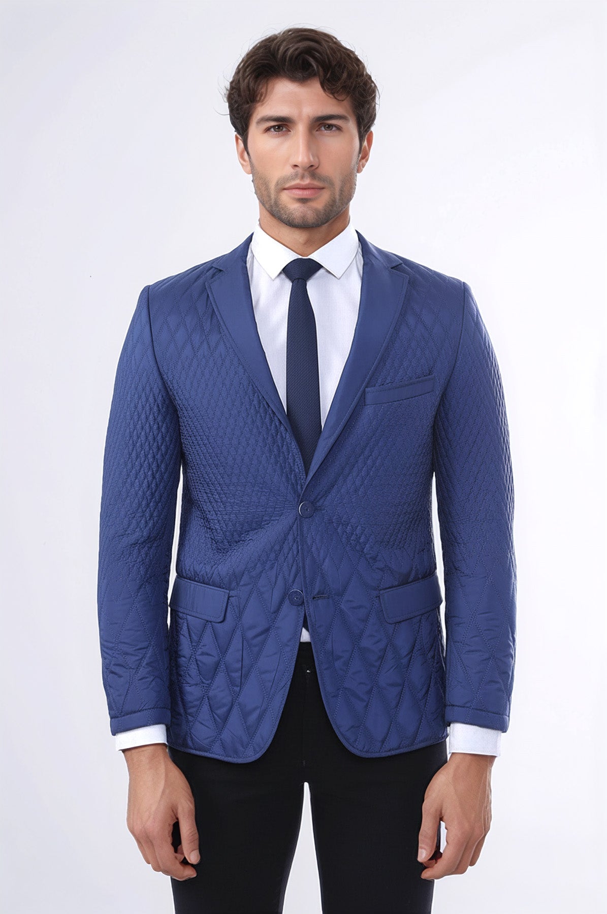 3 Pockets 2 Button Quilted Coat Jacket Navy Blue Short Coat-Wessi