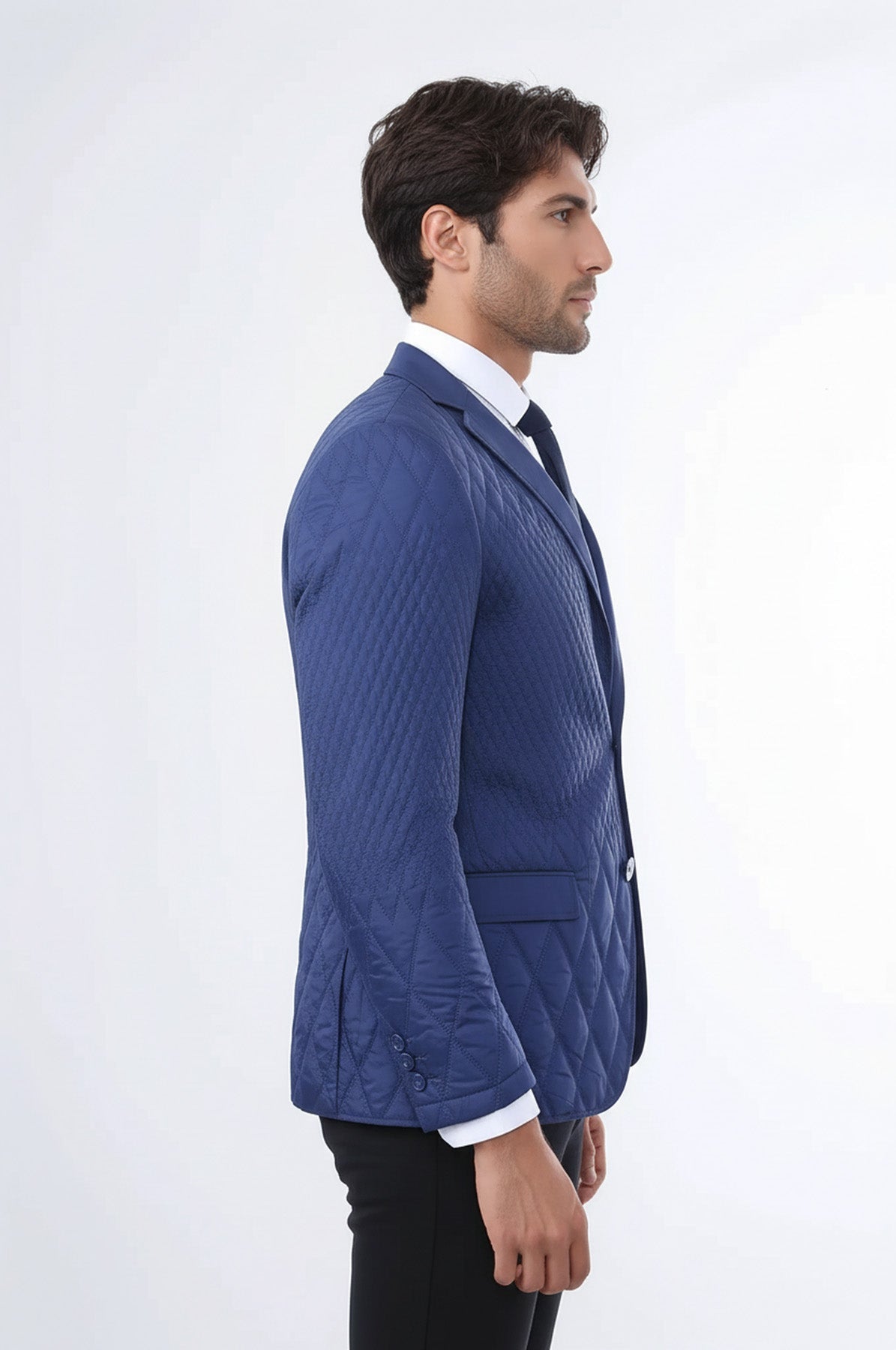 3 Pockets 2 Button Quilted Coat Jacket Navy Blue Short Coat-Wessi