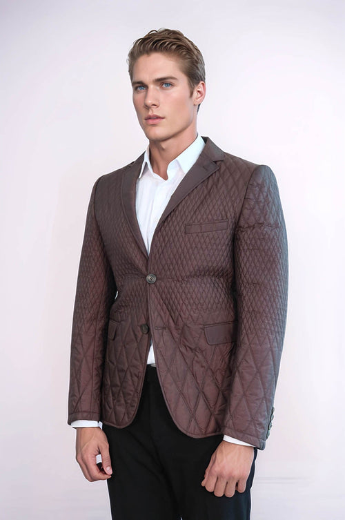 Slim Fit Brown Quilted Blazer - Wessi