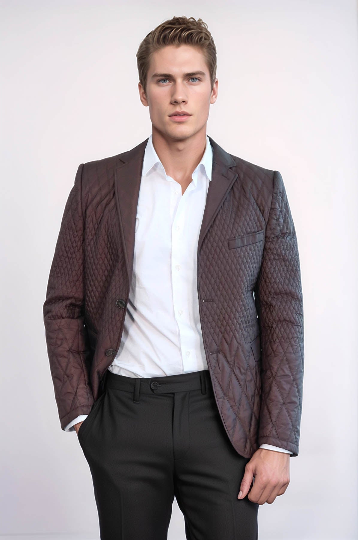 Slim Fit Brown Quilted Blazer - Wessi