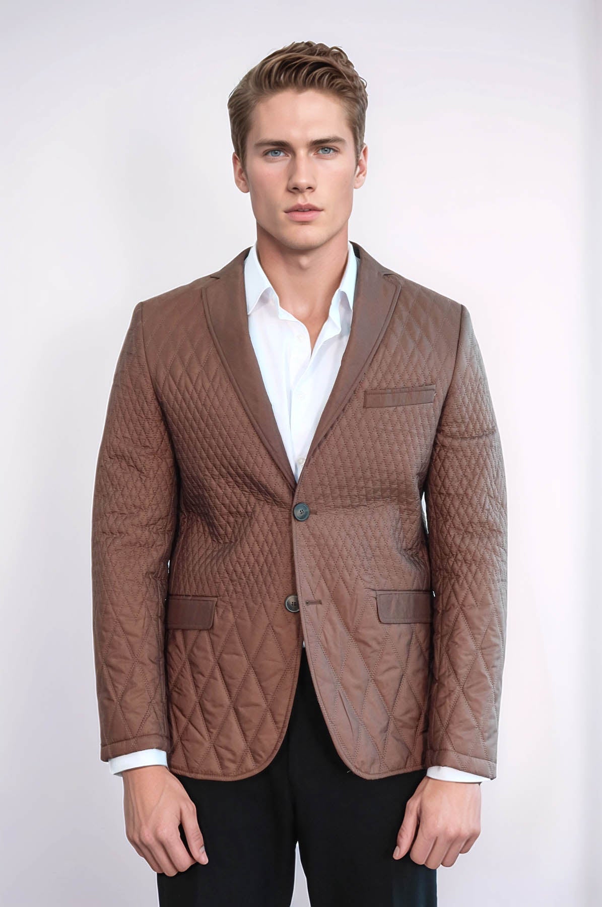 3 Pockets 2 Button Quilted Coat Jacket Tan Short Coat-Wessi