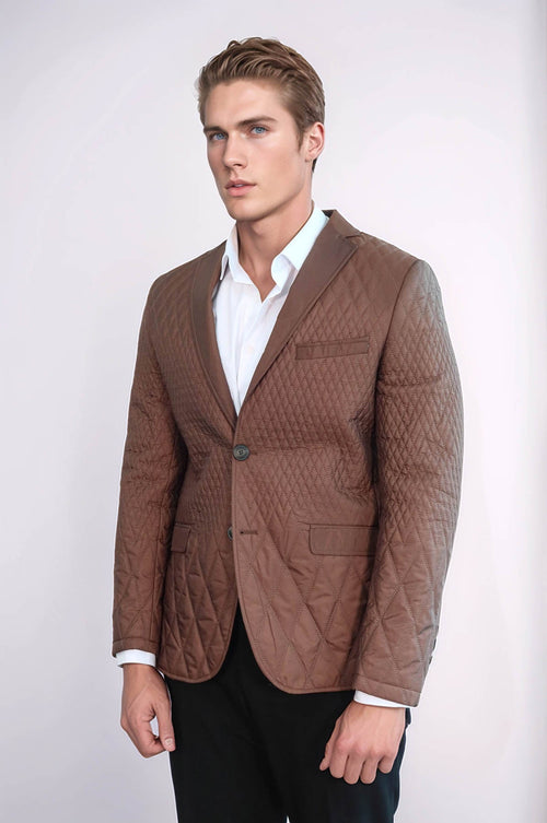 3 Pockets 2 Button Quilted Coat Jacket Tan Short Coat-Wessi