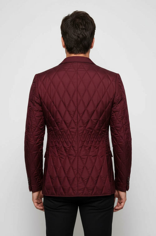 Patterned Quilted Burgundy Men Blazer - Wessi