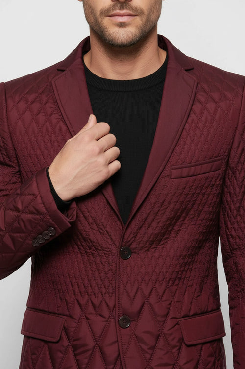 Patterned Quilted Burgundy Men Blazer - Wessi