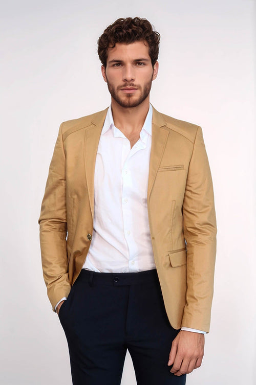 3 pocket Single Button Cotton Tan Jacket-Wessi
