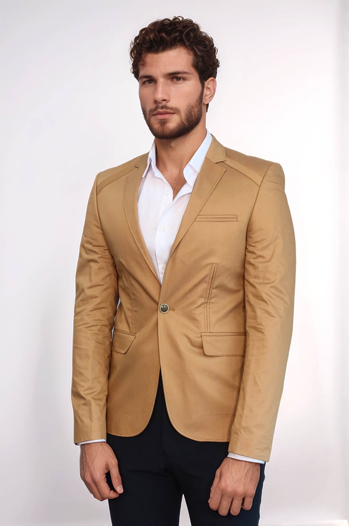 3 pocket Single Button Cotton Tan Jacket-Wessi