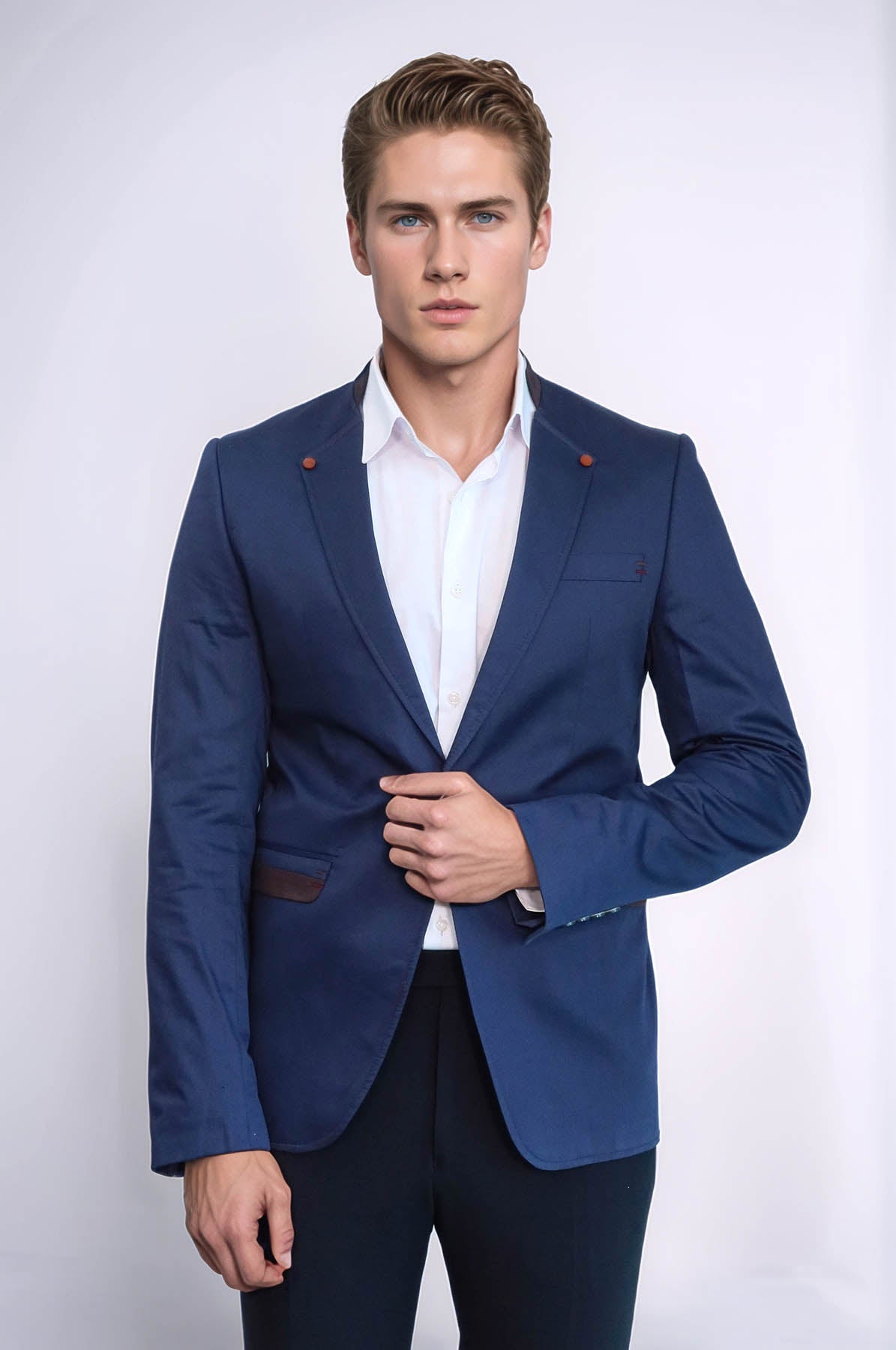 Single Button Standing Collar Navy Blue Men Blazer - Wessi