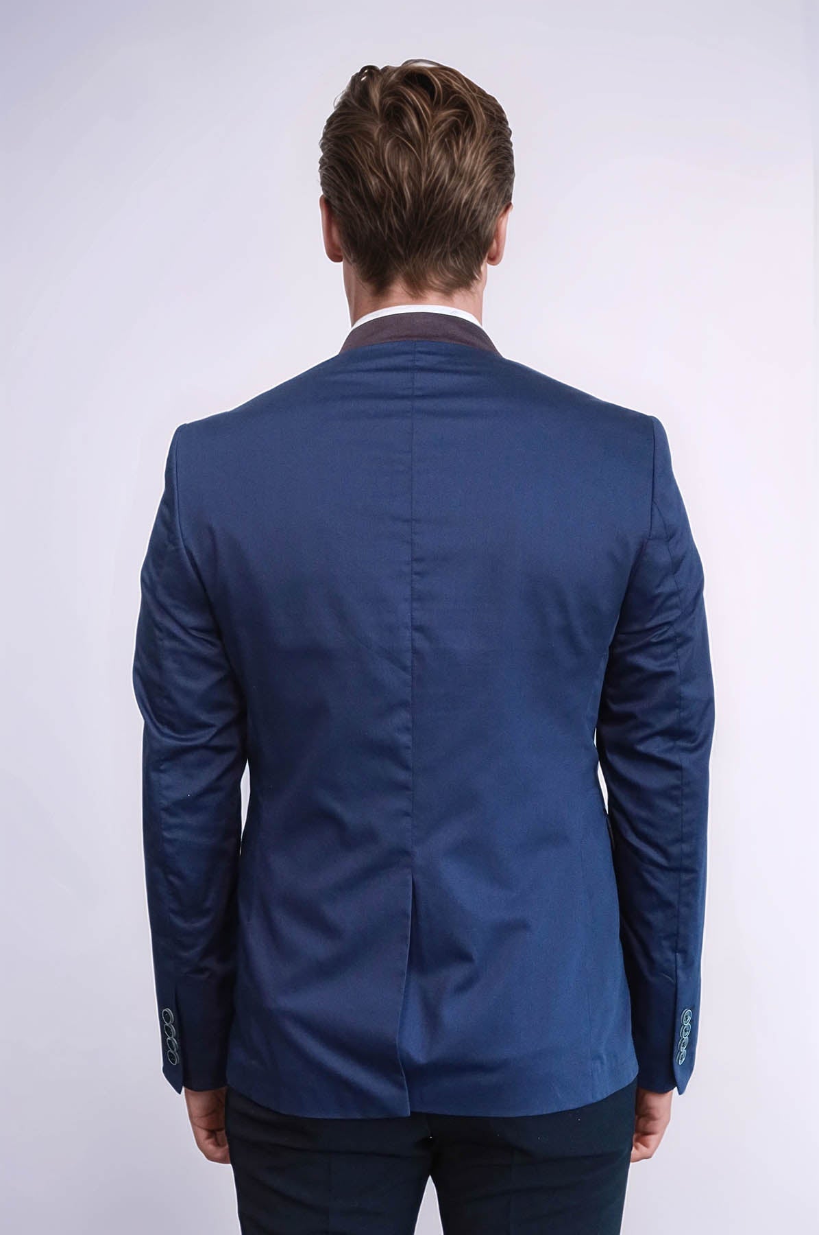 Single Button Standing Collar Navy Blue Men Blazer - Wessi