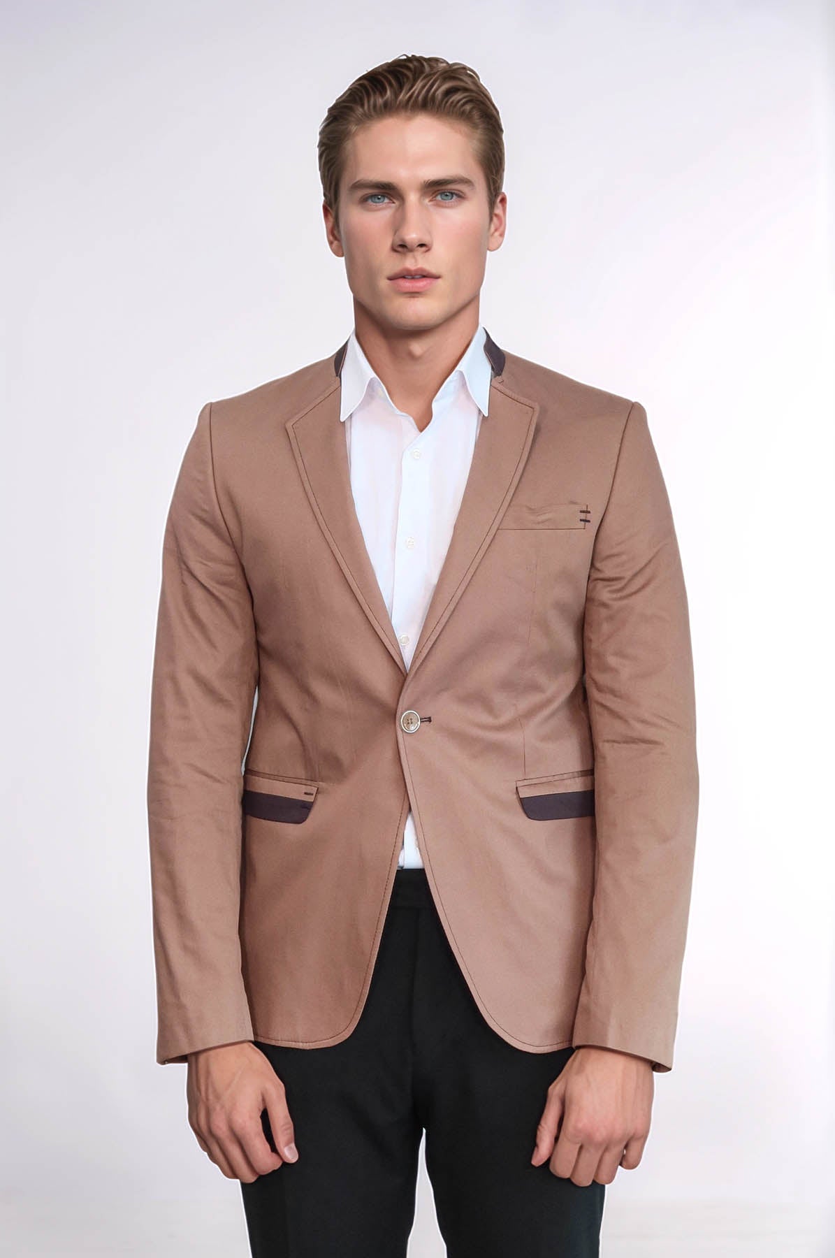Single Button Standing Collar Beige Men Blazer - Wessi