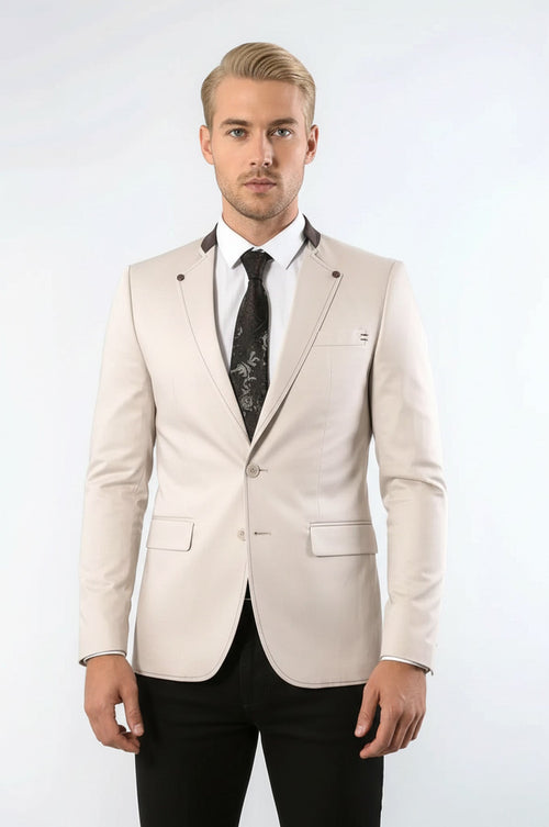 Single Button Standing Collar Cream Men Blazer - Wessi