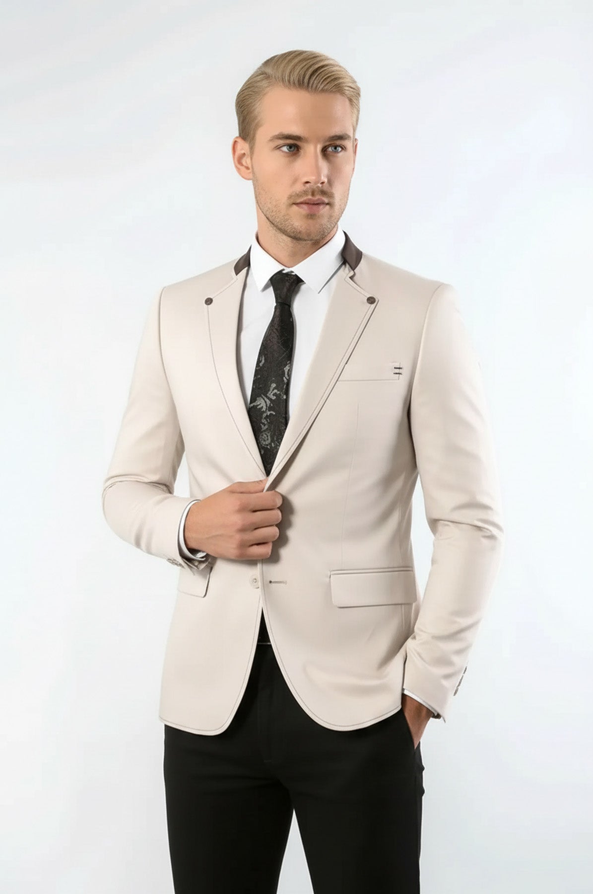 Single Button Standing Collar Cream Men Blazer - Wessi