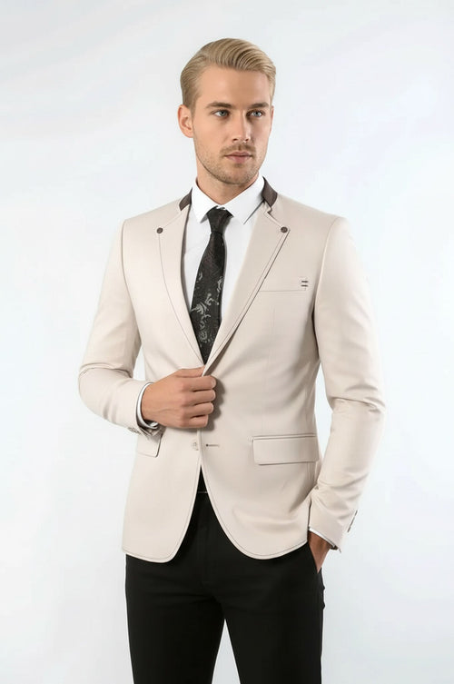 Single Button Standing Collar Cream Men Blazer - Wessi