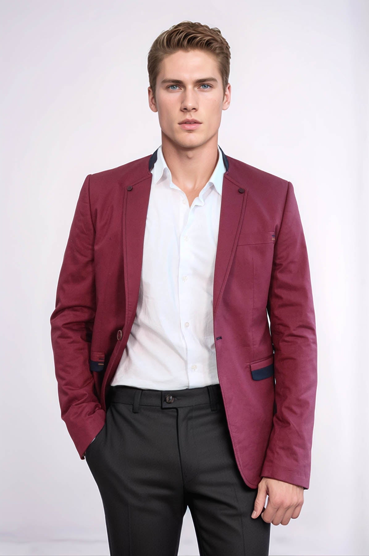 Crew Neck Burgundy Men Blazer - Wessi