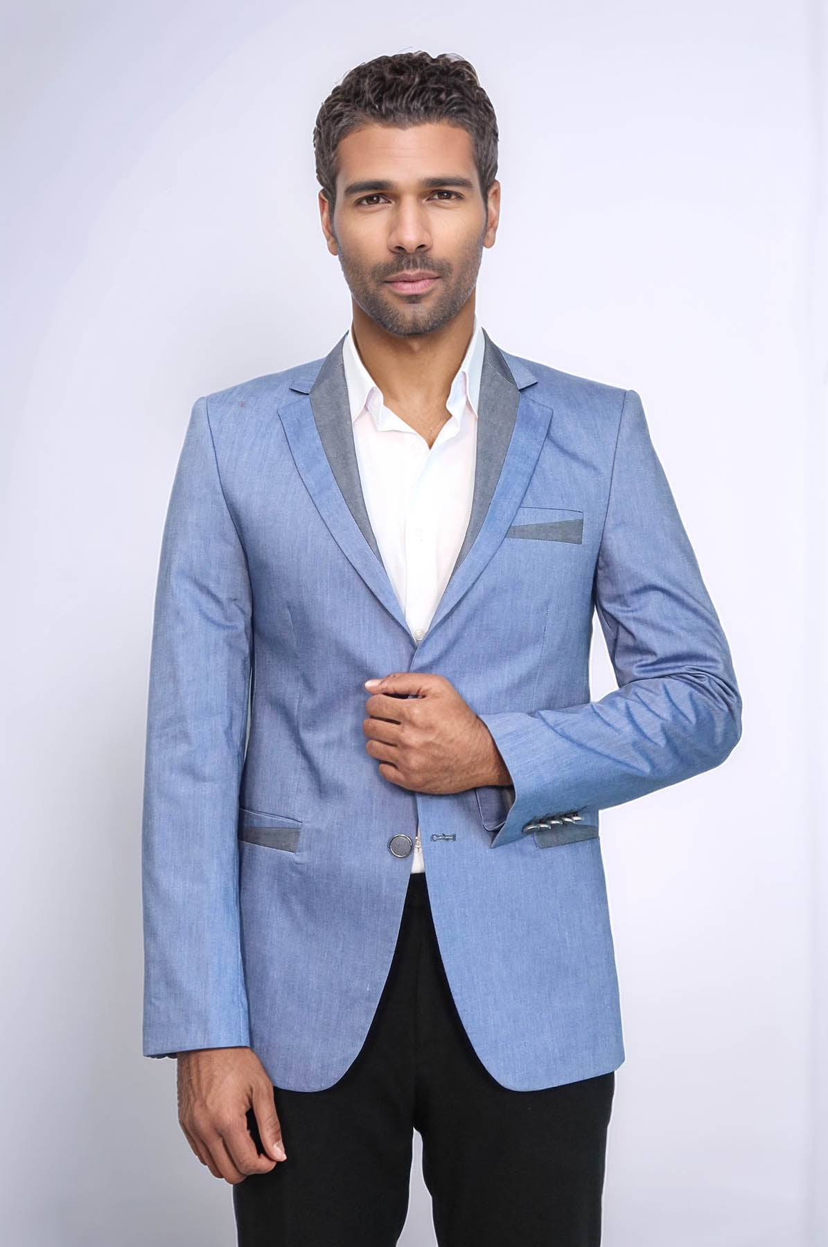 3 Pockets 2 Buttons Cross Piping Light Blue Jacket-Wessi