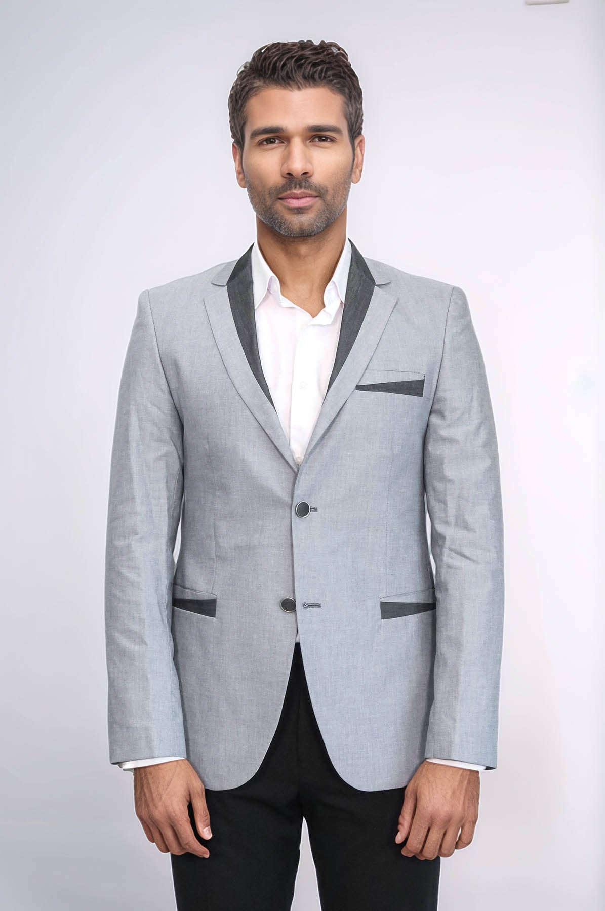 3 Pockets 2 Buttons Cross Piping Grey Jacket-Wessi