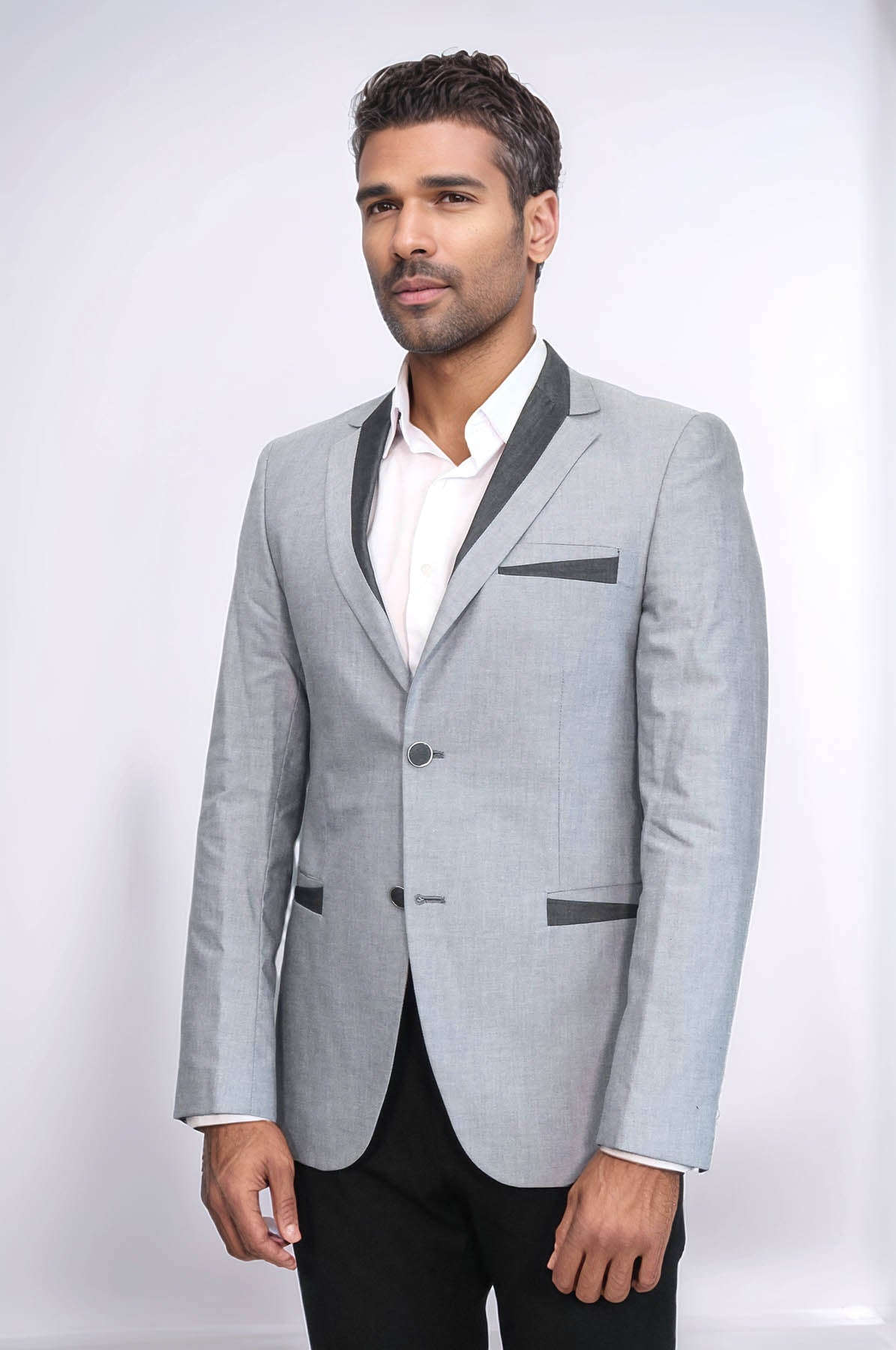 3 Pockets 2 Buttons Cross Piping Grey Jacket-Wessi