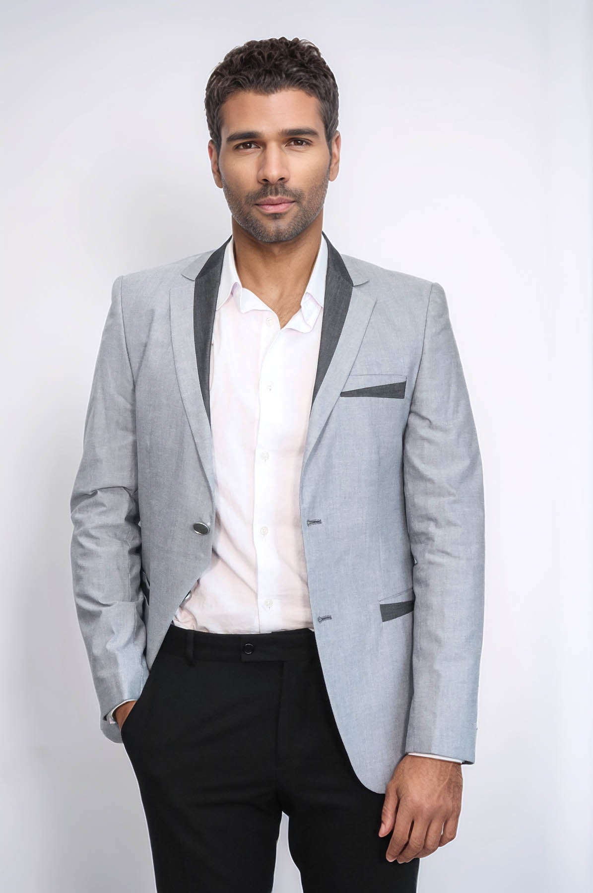 3 Pockets 2 Buttons Cross Piping Grey Jacket-Wessi