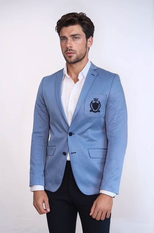2 Buttons 3 Pockets Crested Cotton Blue Jacket