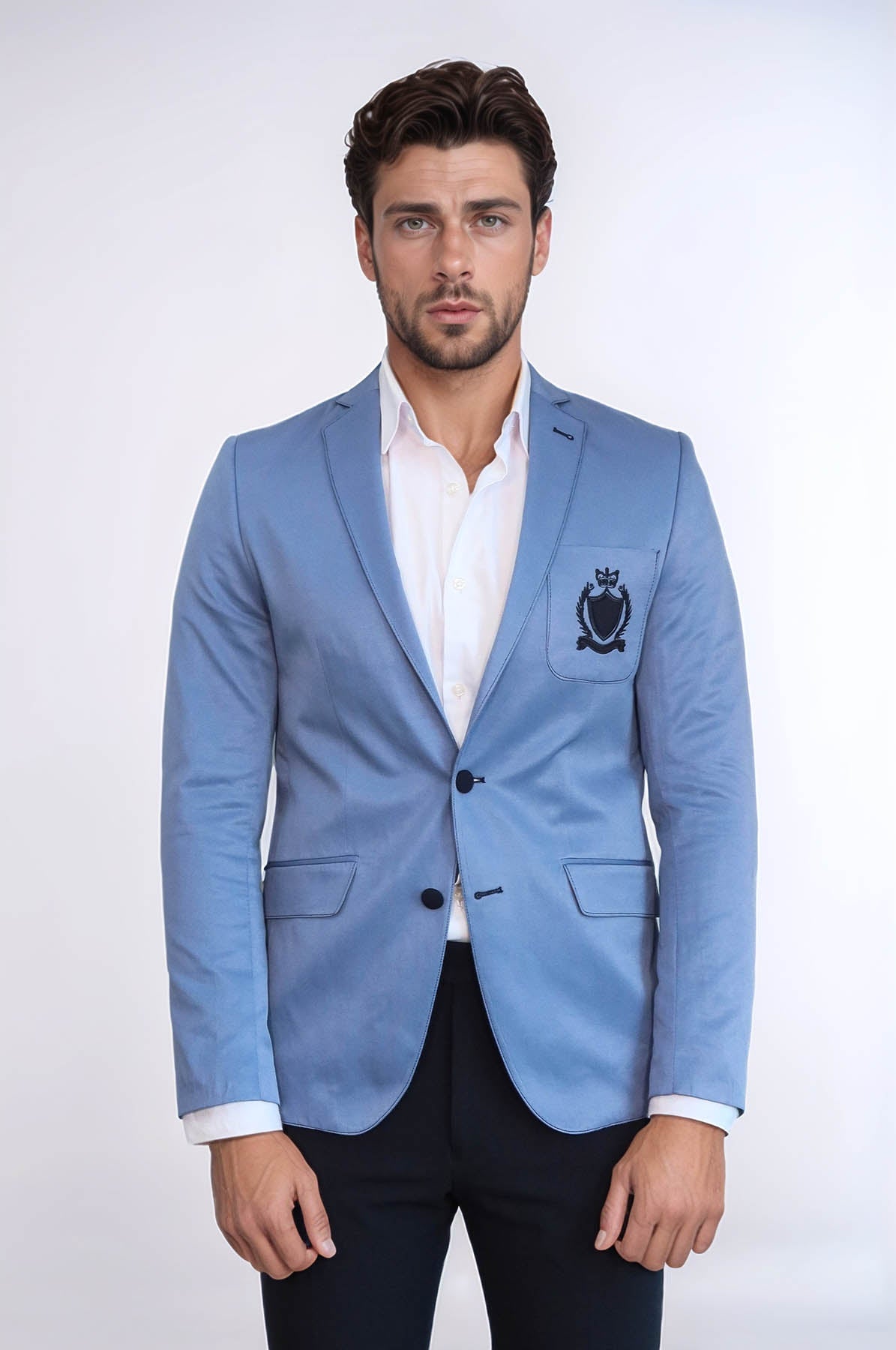 2 Buttons 3 Pockets Crested Cotton Blue Jacket