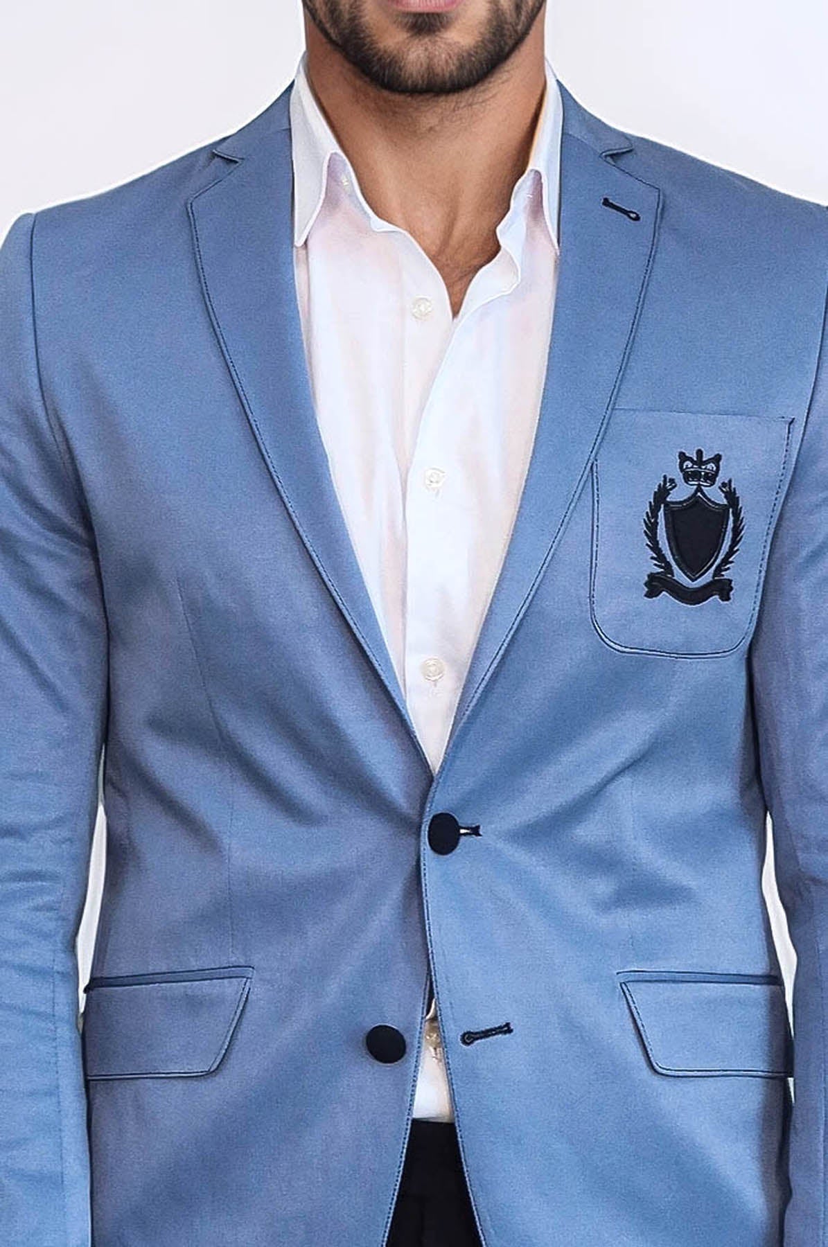 2 Buttons 3 Pockets Crested Cotton Blue Jacket
