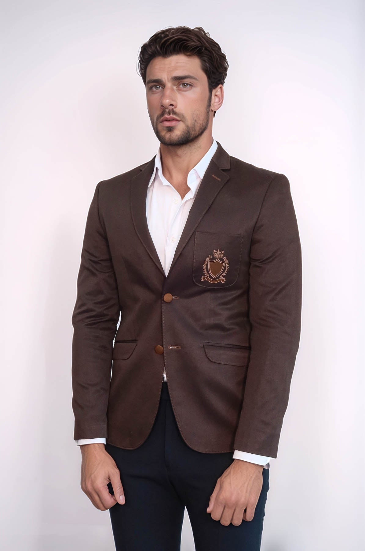 2 Buttons 3 Pockets Crested Cotton Brown Jacket