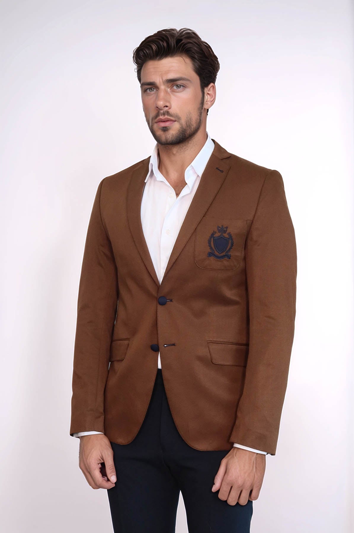 2 Buttons 3 Pockets Crested Cotton Tan Jacket