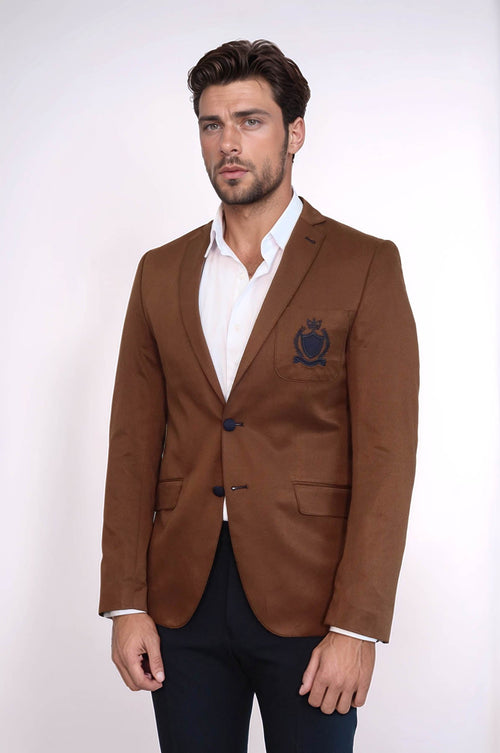 2 Buttons 3 Pockets Crested Cotton Tan Jacket