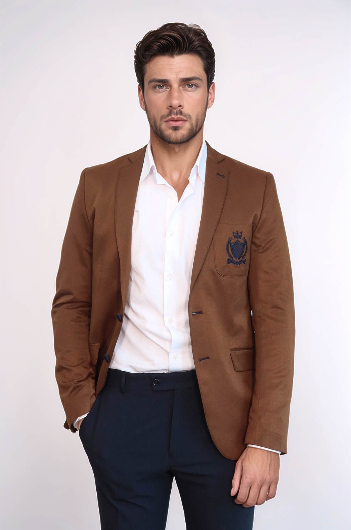 2 Buttons 3 Pockets Crested Cotton Tan Jacket