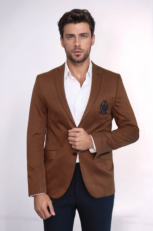 2 Buttons 3 Pockets Crested Cotton Tan Jacket