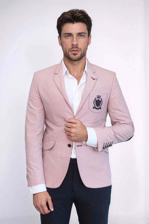 2 Buttons 3 Pockets Crested Cotton Beige Jacket