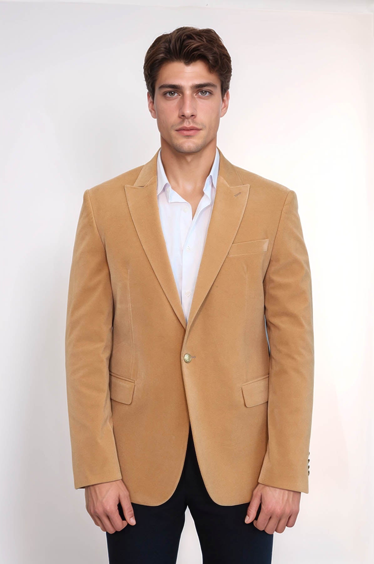 Wide Lapel Velvet Apricot Men Blazer - Wessi