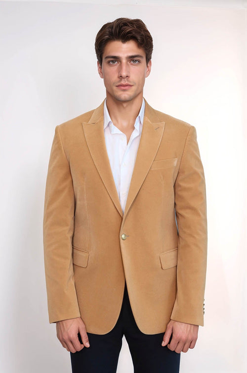 Wide Lapel Velvet Apricot Men Blazer - Wessi