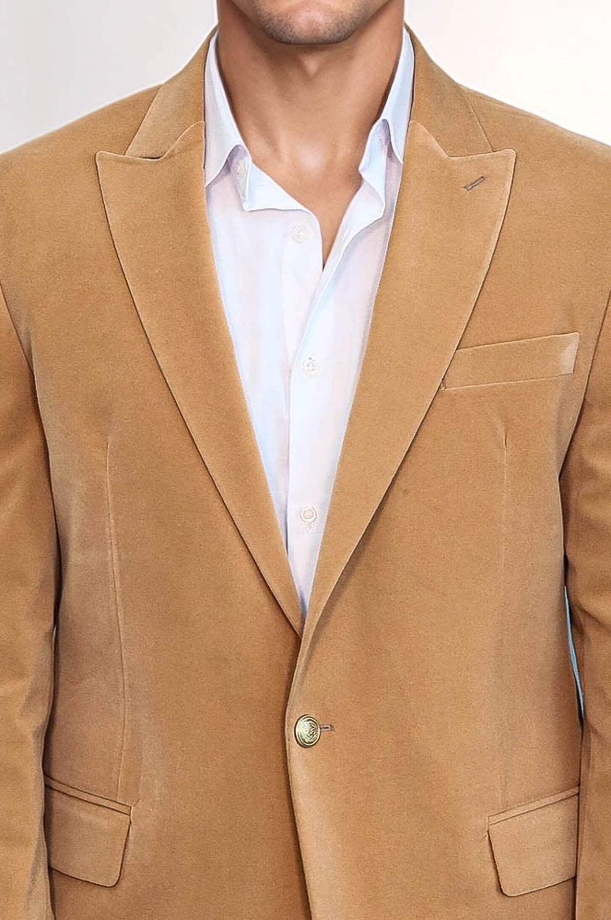 Wide Lapel Velvet Apricot Men Blazer - Wessi