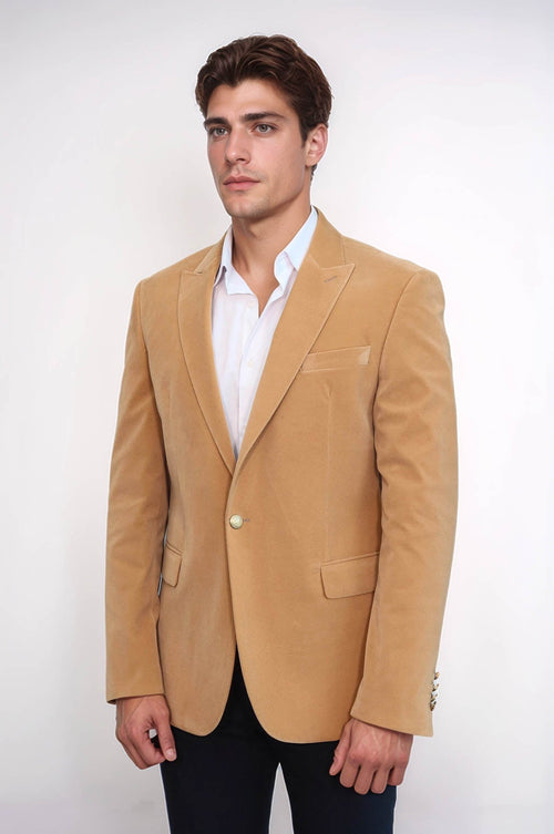 Wide Lapel Velvet Apricot Men Blazer - Wessi