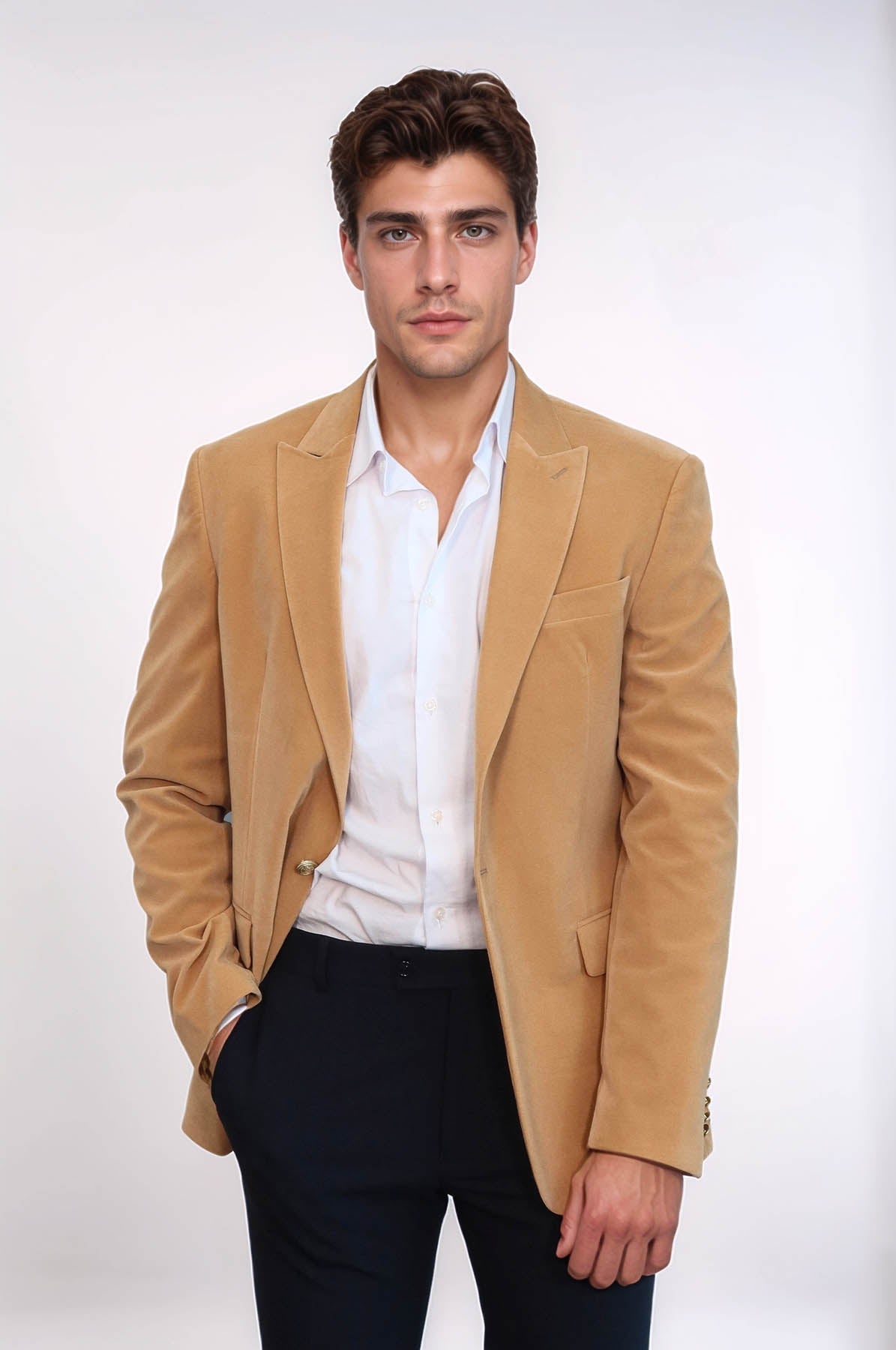 Wide Lapel Velvet Apricot Men Blazer - Wessi