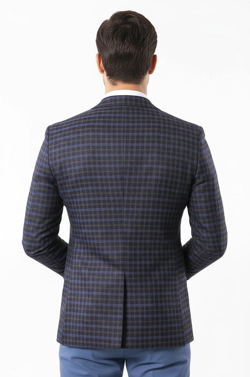 Double Breasted Plaid Burgundy Blazer - Wessi