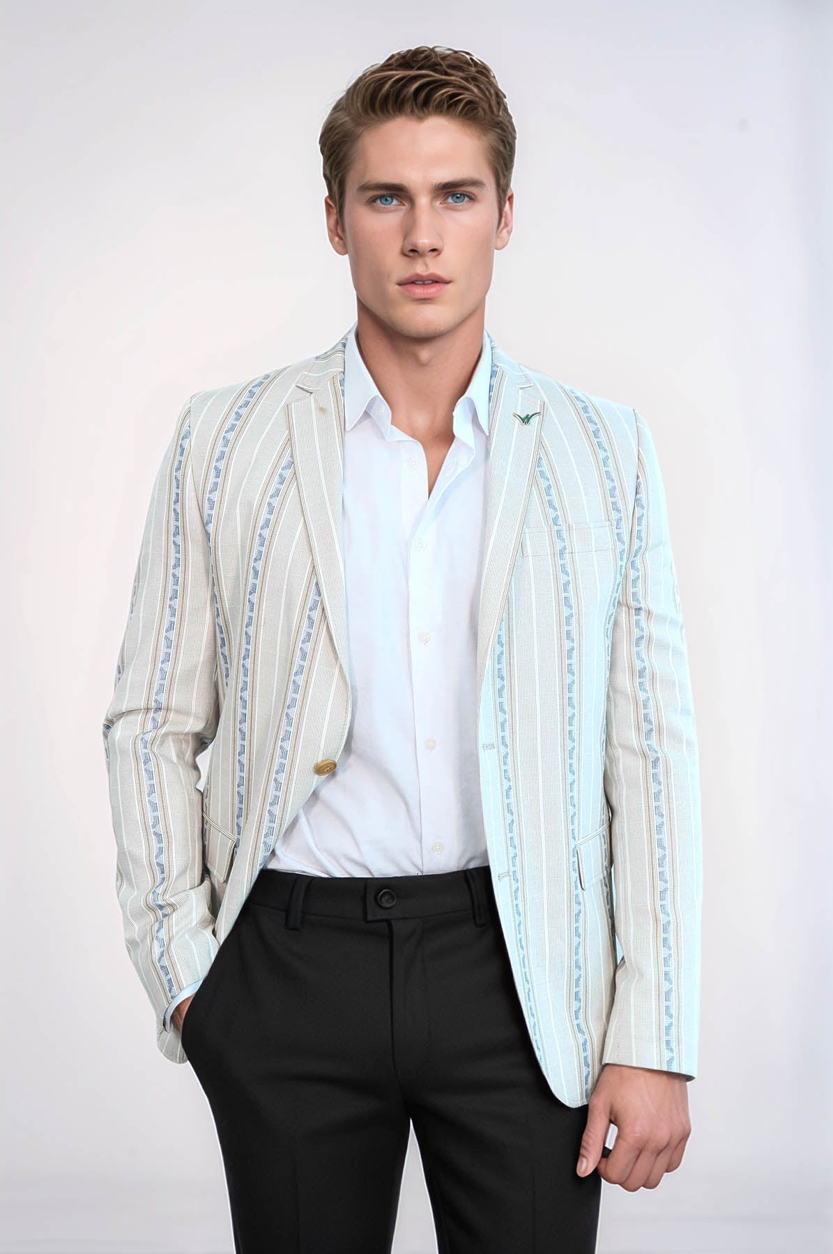 Stripped Beige Slim Fit Blazer - Wessi