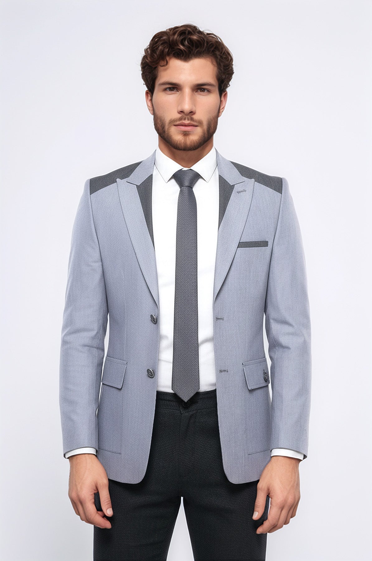 Double Button Bag Pocket Pointed Collar Light Grey Jacket-Wessi