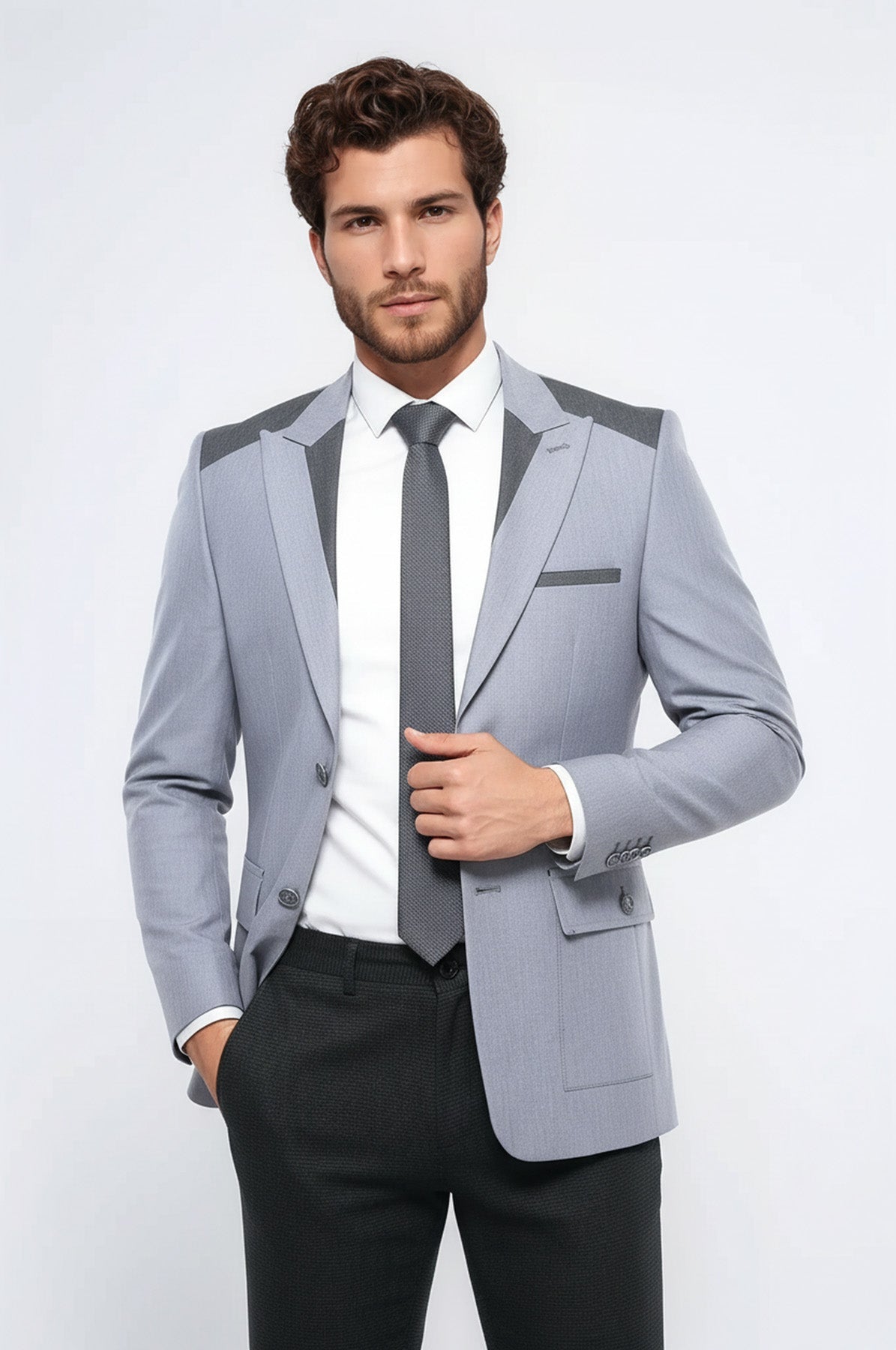 Double Button Bag Pocket Pointed Collar Light Grey Jacket-Wessi