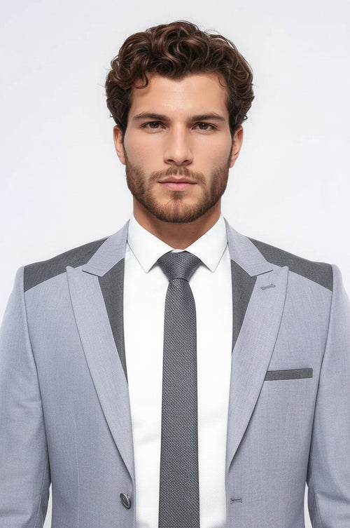 Double Button Bag Pocket Pointed Collar Light Grey Jacket-Wessi
